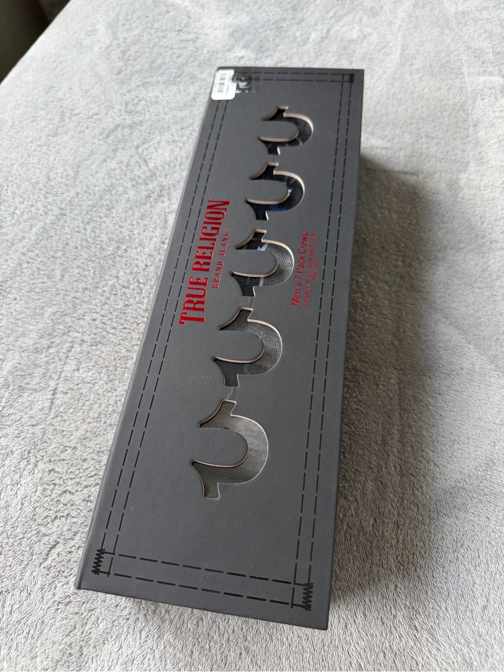 True Religion Black Gift Box with Red Logo and Silver Horseshoe Cutouts